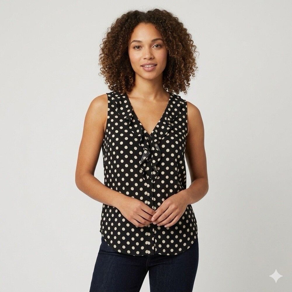 Maeve Anthropologie Women's Polka Dot Ruffle Sleeveless Blouse Top Size 10